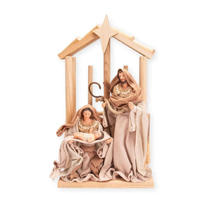 Weihnachtskrippe aus Kiefernholz, Heilige Familie in Baumwollstoffkleidung, 35,6 cm große Harzfigur