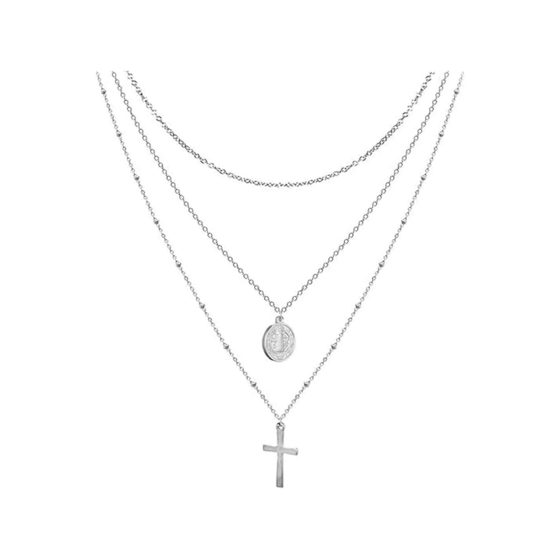 14K Silver Plated Layered Cross Necklace with Saint Benedict Medal Protection Amulet Chain Nazareth Store