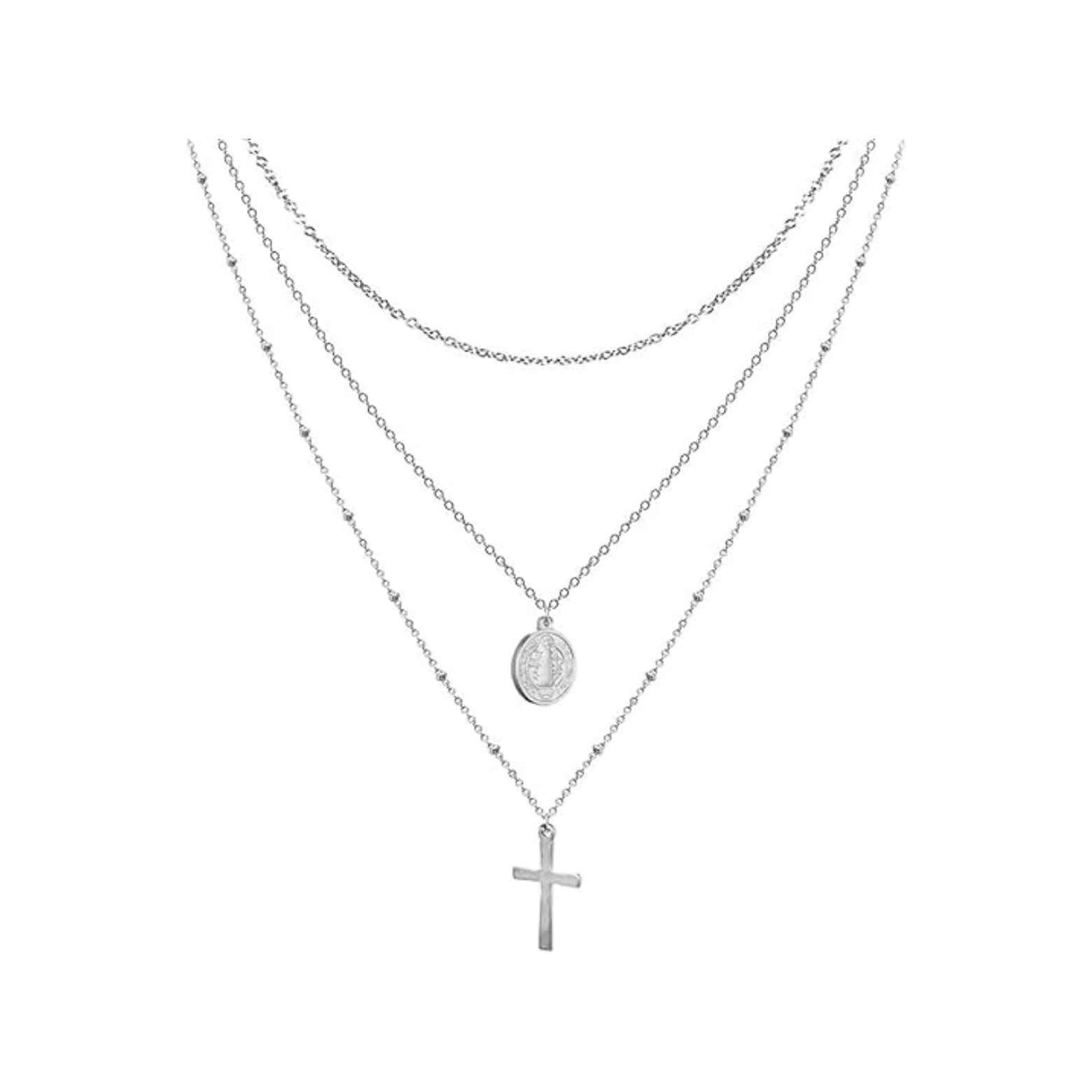 14K Silver Plated Layered Cross Necklace with Saint Benedict Medal Protection Amulet Chain Nazareth Store