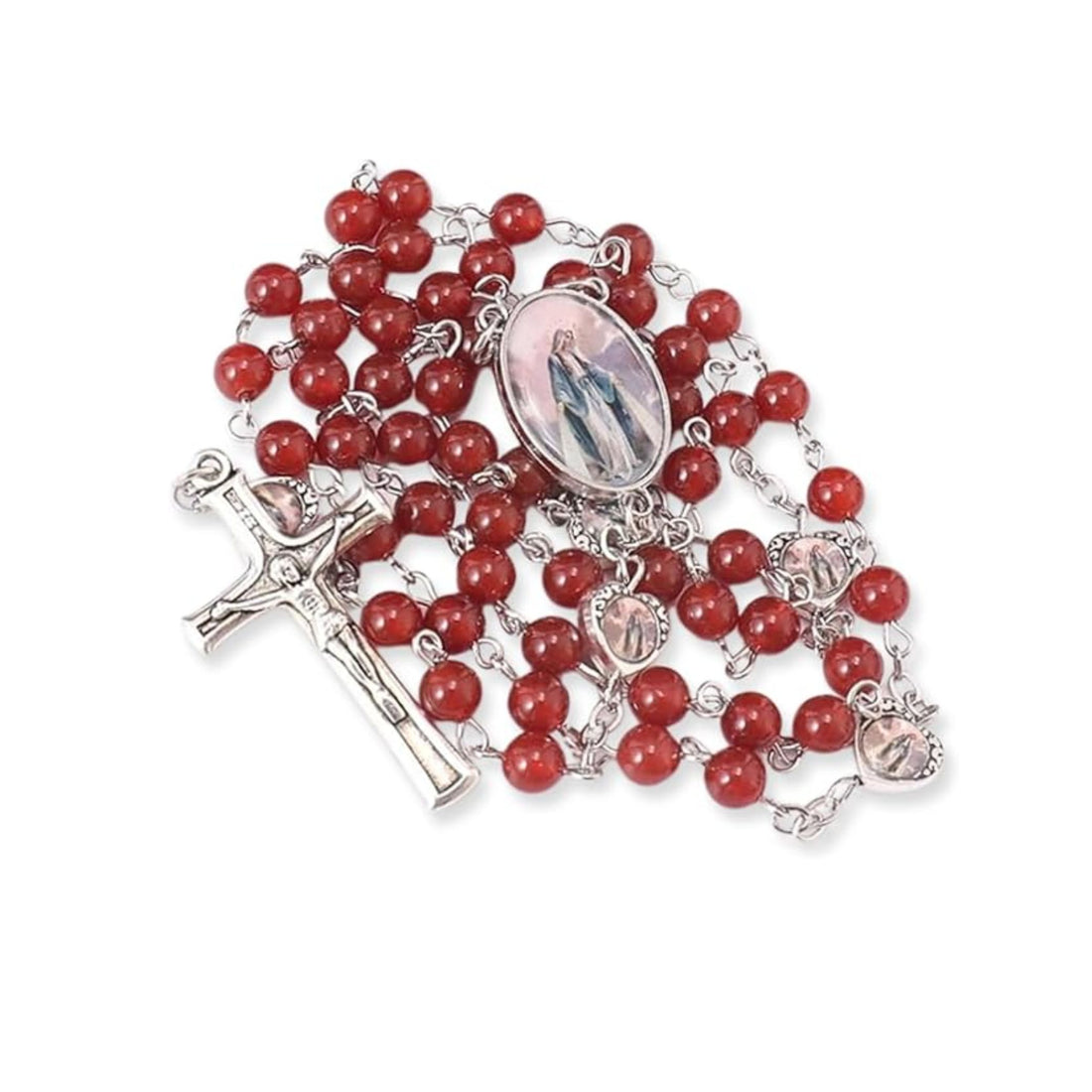 Natural Stone Beads Rosary Epoxy Heart Metal Beads with Miraculous Medal Nazareth Store