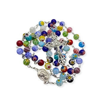 Colorful Murano Glass Rosary Necklace with Holy Soil Medal and Cross Nazareth Store