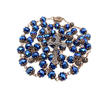 Dark Blue Crystal 10mm Beads Rosary Necklace Holy Soil Medal & Cross Crucifix Nazareth Store