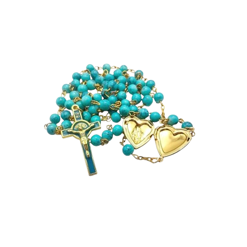 Saint Benedict Turquoise Beads Rosary Enamel Cross Heart Shape Medal Nazareth Store