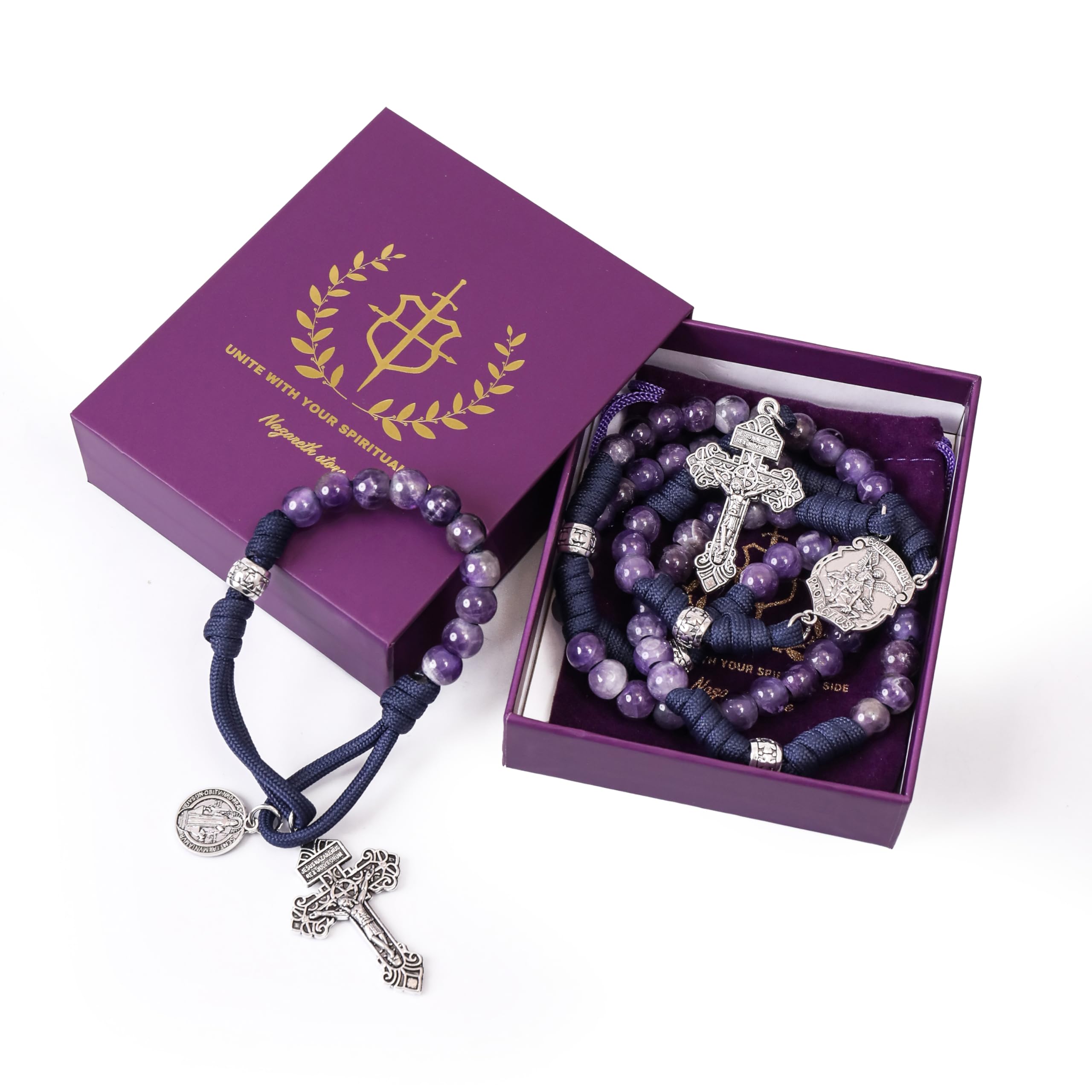 Amethyst One Decade Rosary Beads Paracord Set St. Michael Necklace & St. Benedict 22"