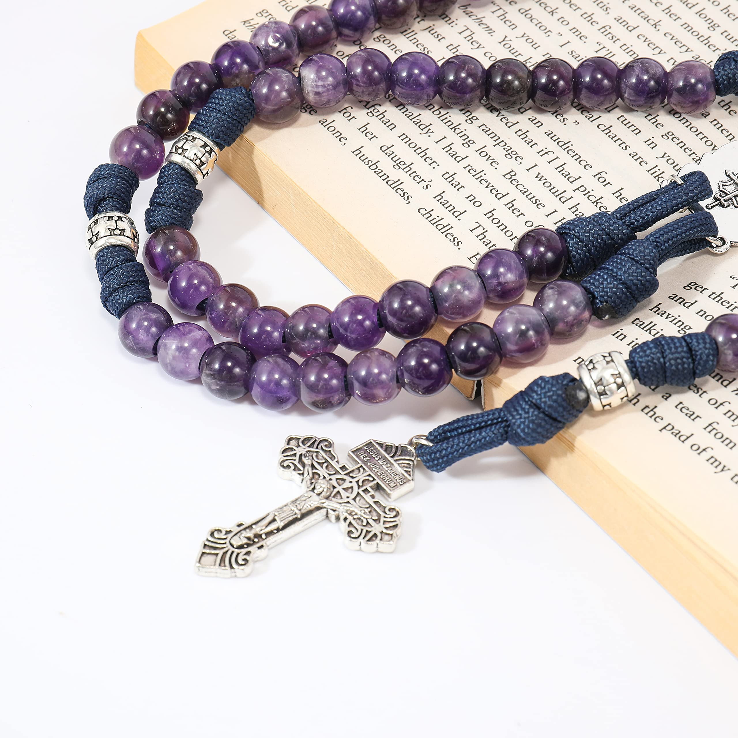 Amethyst One Decade Rosary Beads Paracord Set St. Michael Necklace & St. Benedict 22"