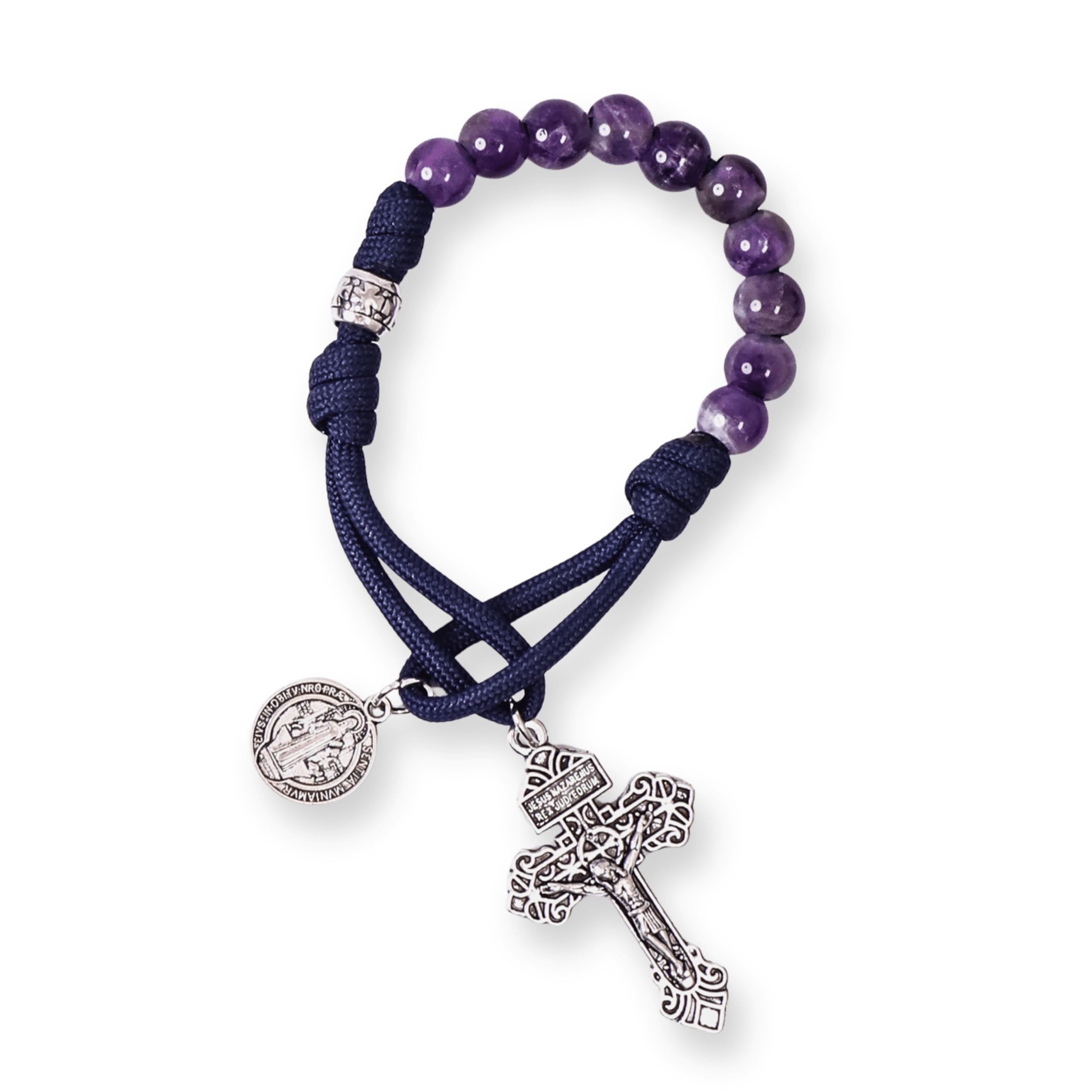 Amethyst One Decade Rosary Beads Paracord Set St. Michael Necklace & St. Benedict 22"