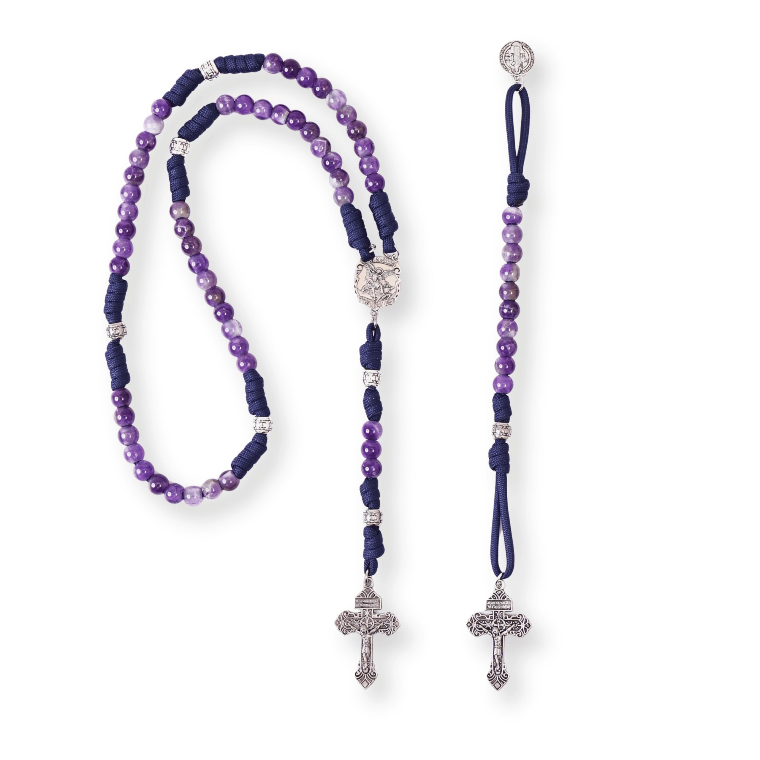 Amethyst One Decade Rosary Beads Paracord Set St. Michael Necklace & St. Benedict 22"