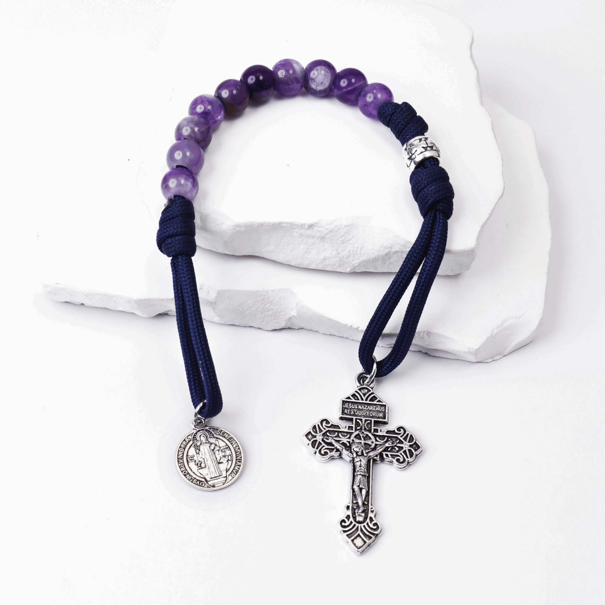 Amethyst One Decade Rosary Beads Paracord Set St. Michael Necklace & St. Benedict 22"