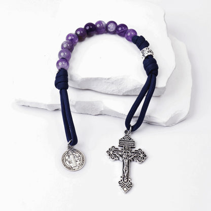 Amethyst One Decade Rosary Beads Paracord Set St. Michael Necklace & St. Benedict 22"