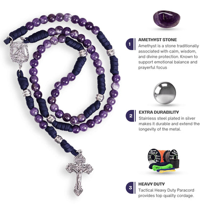 Amethyst One Decade Rosary Beads Paracord Set St. Michael Necklace & St. Benedict 22"