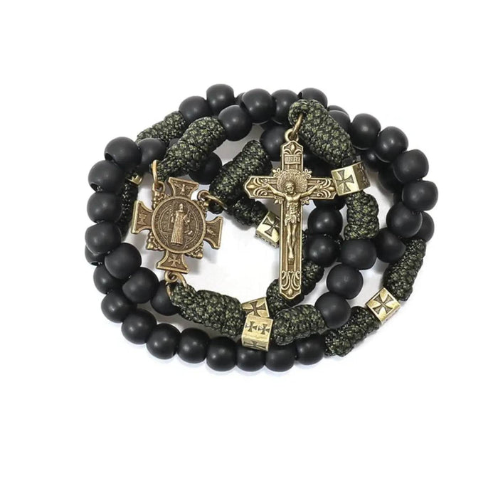 St Benedict Paracord Rosary Necklace with Antique Bronze Black Matte Prayer Beads