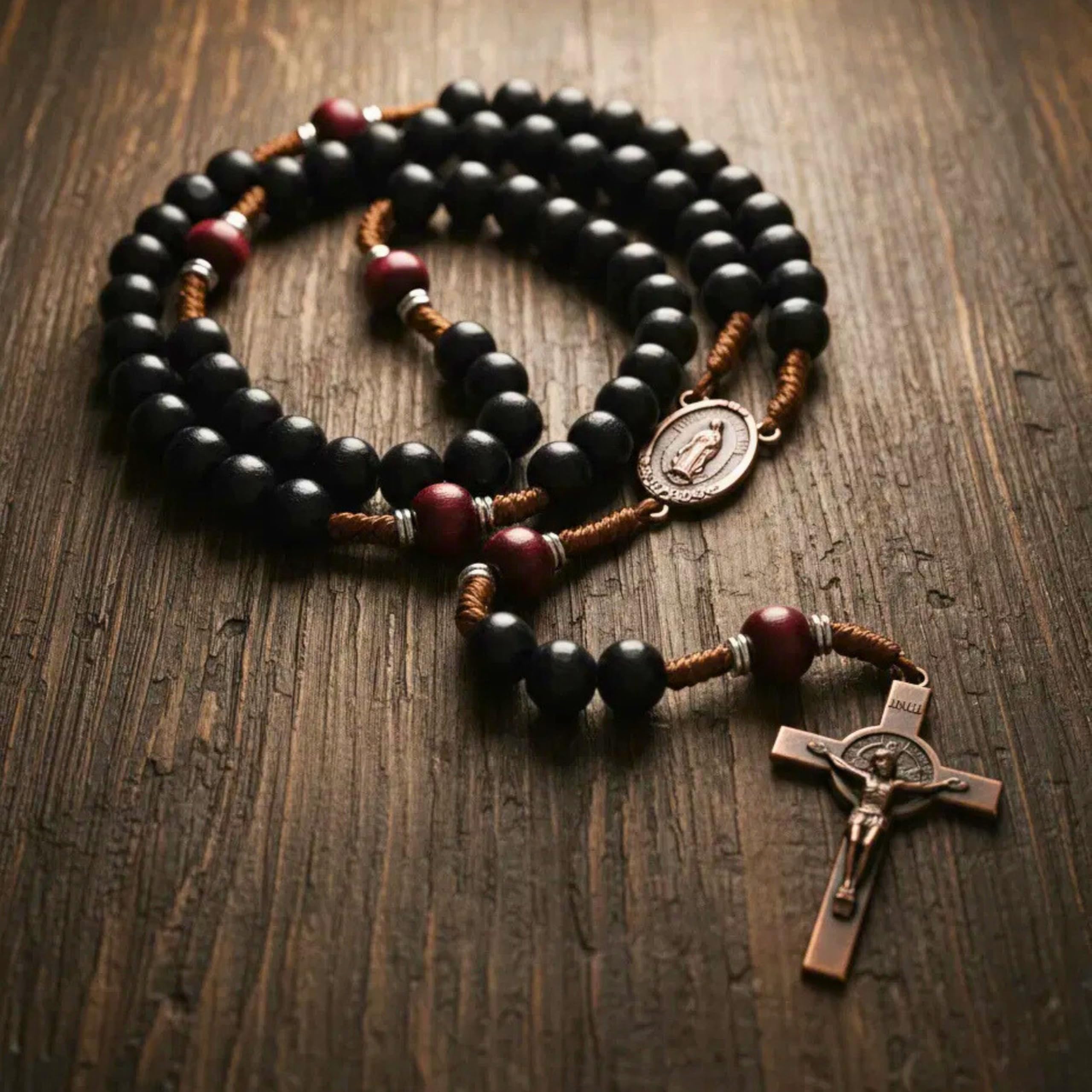 Handmade Solid Wood Catholic Rosary Beads Black & Dark Red Wood Mystery Beads Prayer Necklace with Antique Copper Guadalupe Medal & Crucifix 