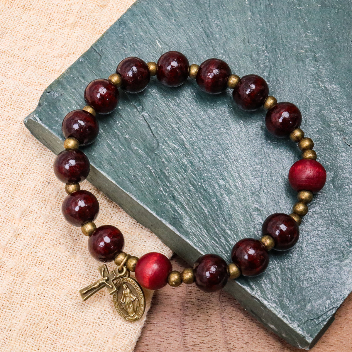 Dark Red Wooden Bead Rosary Bracelet with Antique Bronze Miraculous Medal & Cross