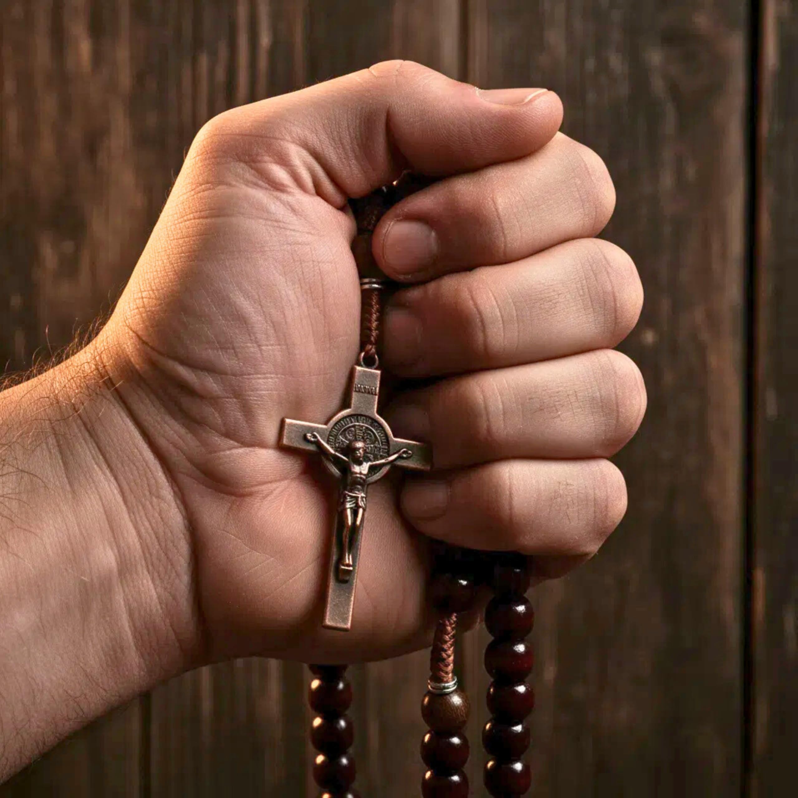 10mm dark red and 10mm Olive wood mystery beads, this rosary offers a bold, strong design that’s perfect for men.