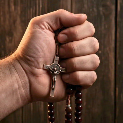 10mm dark red and 10mm Olive wood mystery beads, this rosary offers a bold, strong design that’s perfect for men.