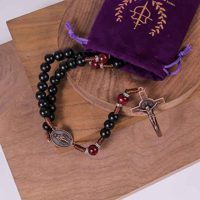 Handmade Black & Dark Red Wooden Rosary Necklace Antique Copper Miraculous Medal & Crucifix Catholic Prayer Beads for Men