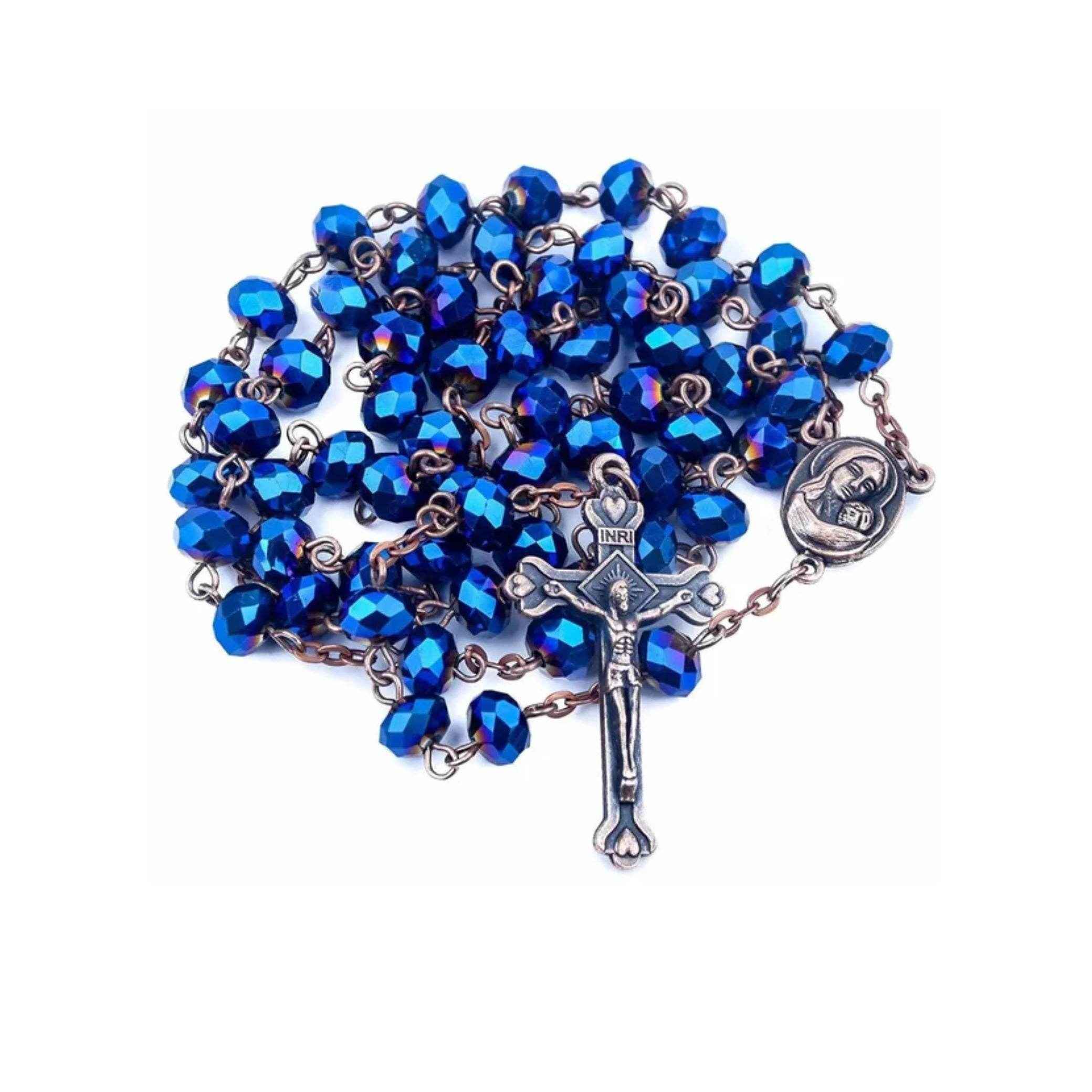 Antique Design Blue Crystal Beads Rosary Prayer Necklace Holy Soil Medal & Jesus Cross Crucifix - Nazareth Store