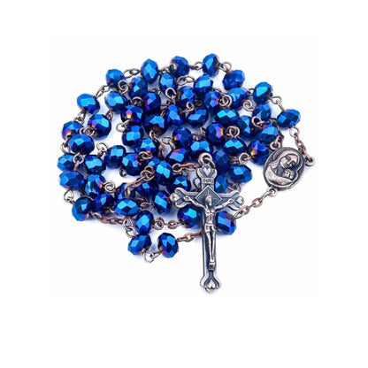 Antique Design Blue Crystal Beads Rosary Prayer Necklace Holy Soil Medal & Jesus Cross Crucifix - Nazareth Store
