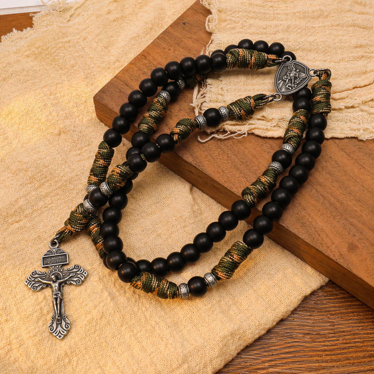  Men's Black Beaded Antique Green & Brown Paracord Rosary Necklace with Silver St. Michael Medal & Pardon Crucifix