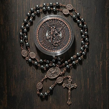Black Hematite Copper St. Michael Stone Beads Rosary Necklace with Metal Box - Nazareth Store