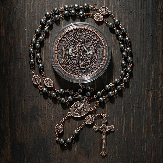 Black Hematite Copper St. Michael Stone Beads Rosary Necklace with Metal Box - Nazareth Store