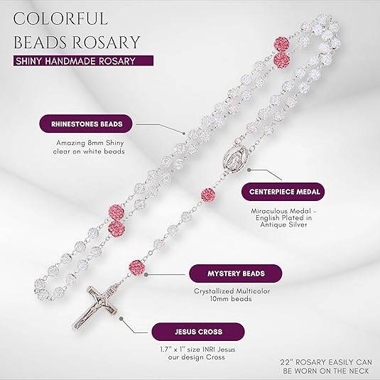 White with Pink Beads Rhinestones Crystal Beads Rosary Necklace - Nazareth Store