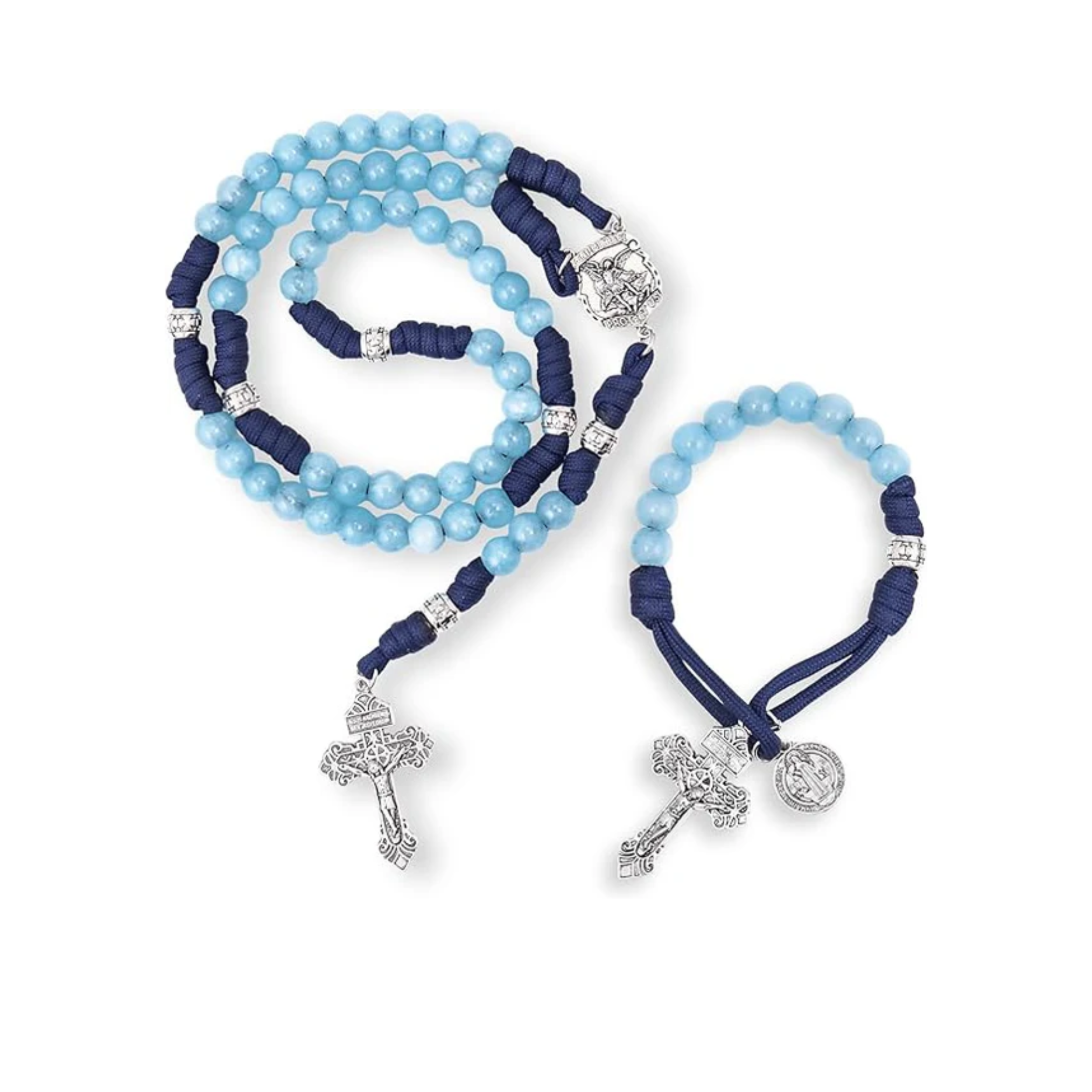 Aquamarine One Decade Rosary Beads Paracord Set St. Michael Necklace & St. Benedict 22" Nazareth Store