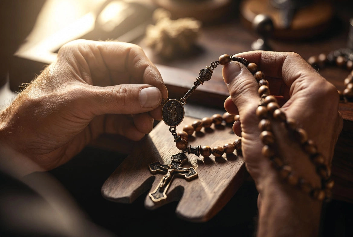 Close-up of a person's hands holding a wooden rosary with a metal crucifix and medallion over a wooden surface in warm, dramatic lighting.
