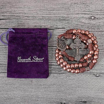 Strong Corded Antique Copper Beads Paracord Rugged Rosary Necklace with St.Michael Medal and Pardon Crucifix - Nazareth Store