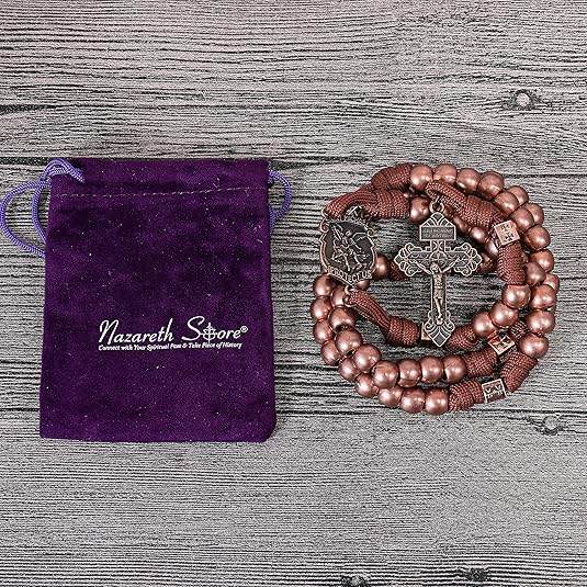 Strong Corded Antique Copper Beads Paracord Rugged Rosary Necklace with St.Michael Medal and Pardon Crucifix - Nazareth Store