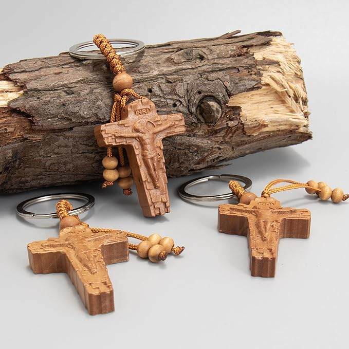 3pcs Wooden Crucifix Keychain Set Hand-Carved Peach Wood with Beaded Rope - Nazareth Store
