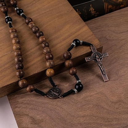 10mm olive and 10mm black wood mystery beads, this rosary offers a bold, strong design that’s perfect for men.