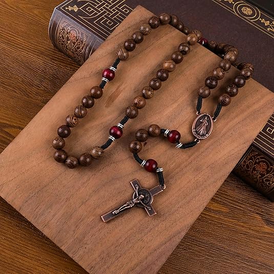 10mm olive wood beads and 12mm dark red wood mystery beads, this rosary offers a bold, strong design that’s perfect for men.