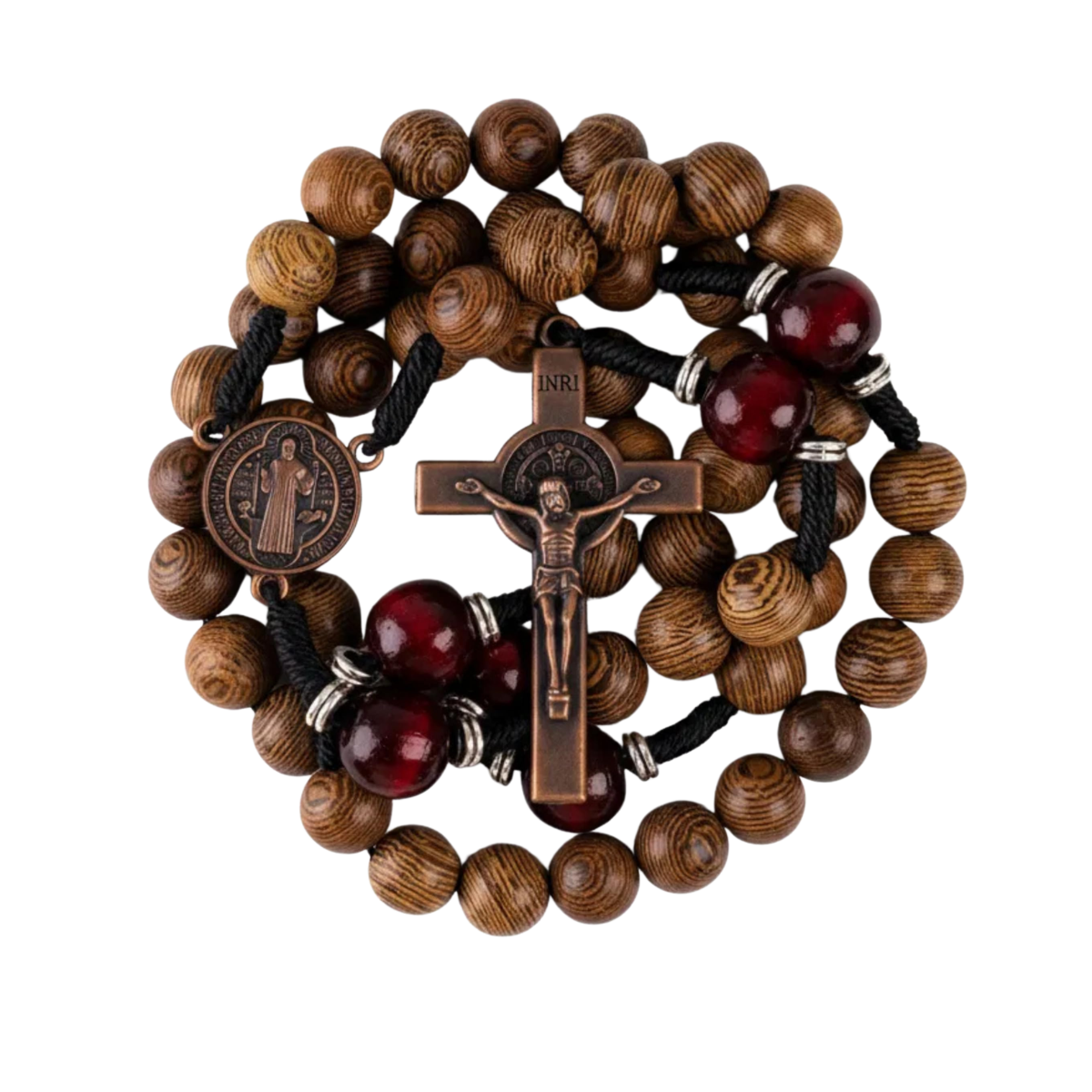 10mm olive wood beads and 12mm dark red wood mystery beads, this rosary offers a bold, strong design that’s perfect for men. 