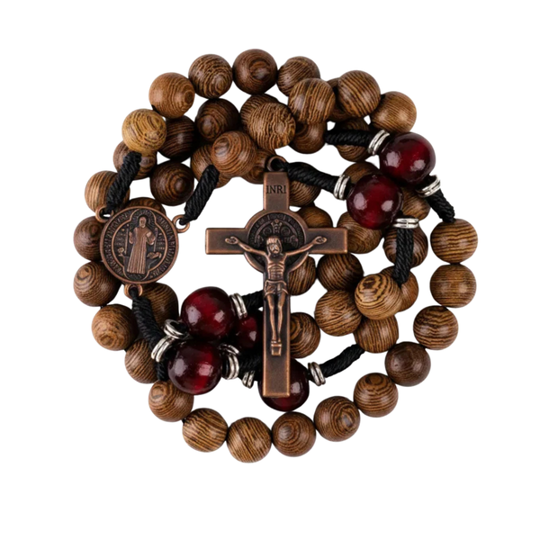 10mm olive wood beads and 12mm dark red wood mystery beads, this rosary offers a bold, strong design that’s perfect for men.