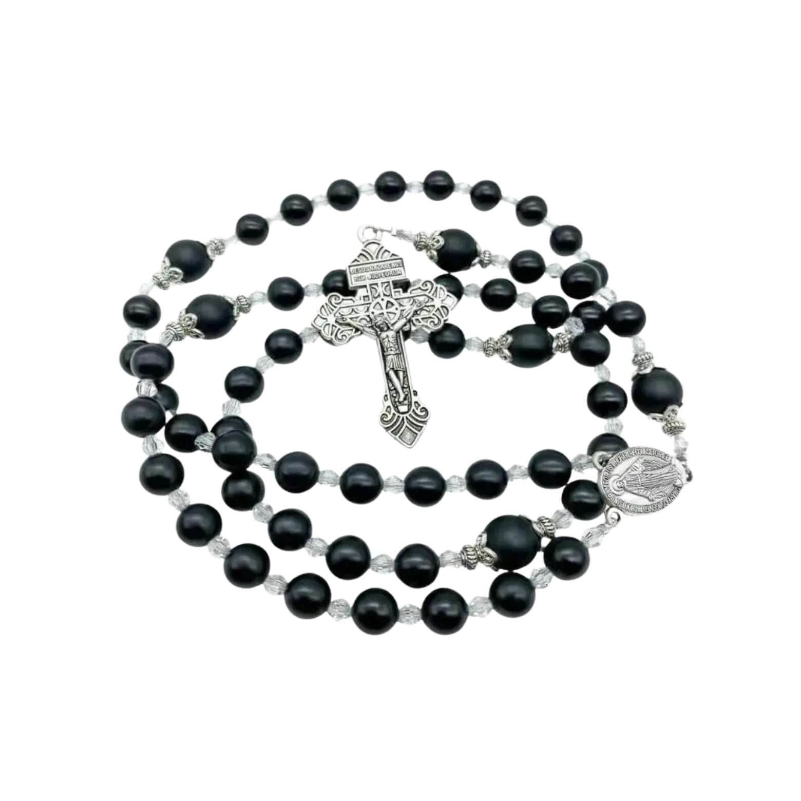 Black Agate 8mm Matte Beads Rosary Necklace with Miraculous Medal & Pardon Crucifix- Nazareth Store