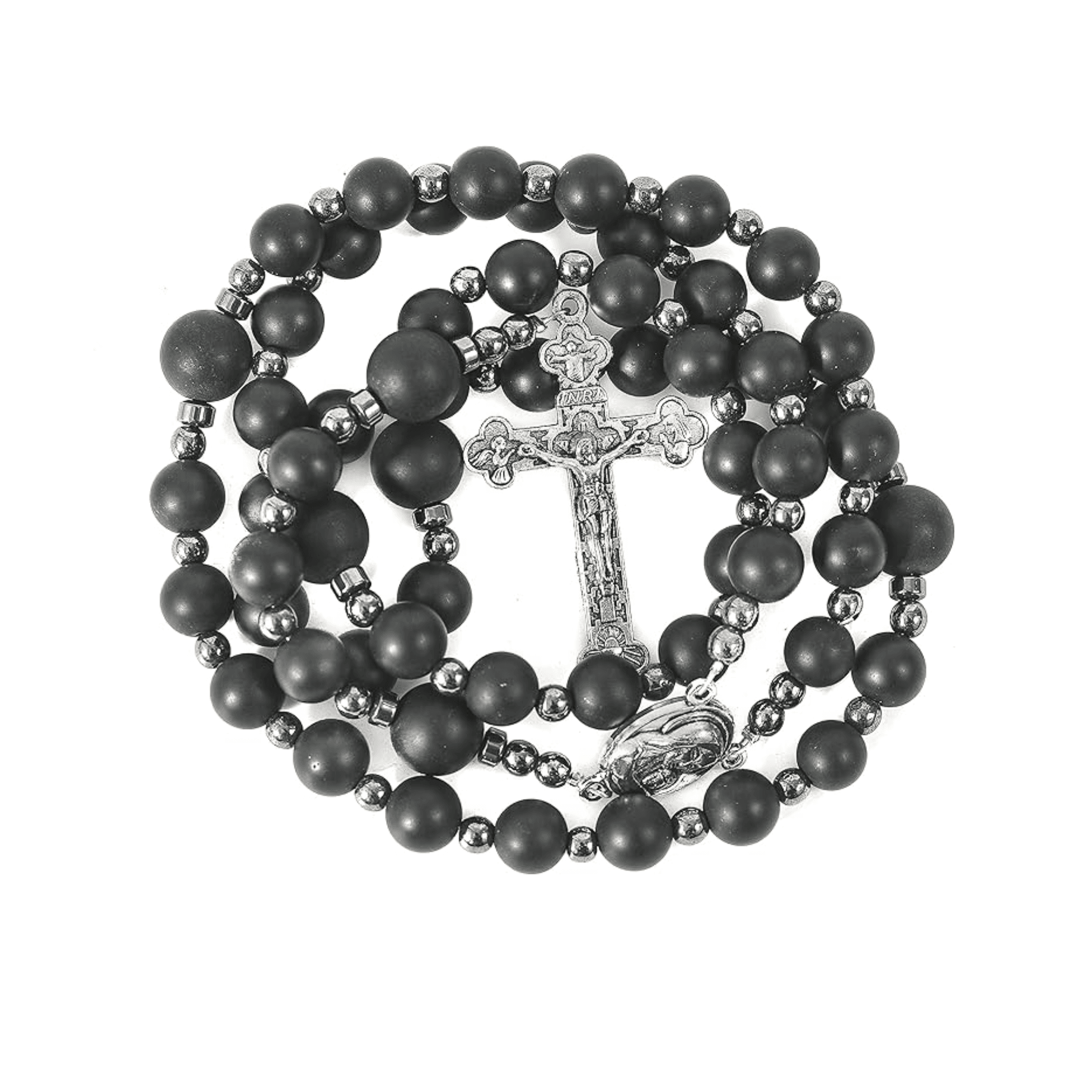 Black Agate Matte Rosary Necklace with Holy Soil Medal & Cross Crucifix Catholic Hematite Stones Prayer Beads - Nazareth Store