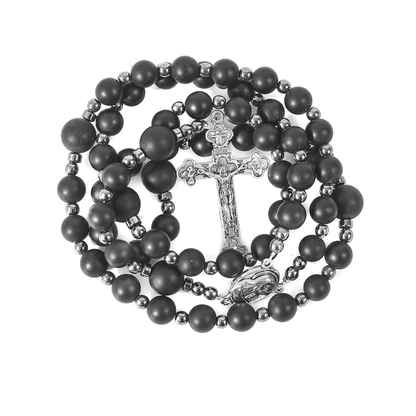 Black Agate Matte Rosary Necklace with Holy Soil Medal & Cross Crucifix Catholic Hematite Stones Prayer Beads - Nazareth Store