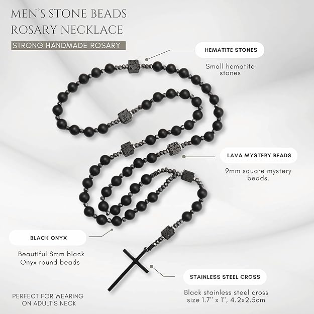 Black Tiger Eye & Lava Stone 9mm Beads Rosary Necklace with Black Alloy Cross Nazareth Store