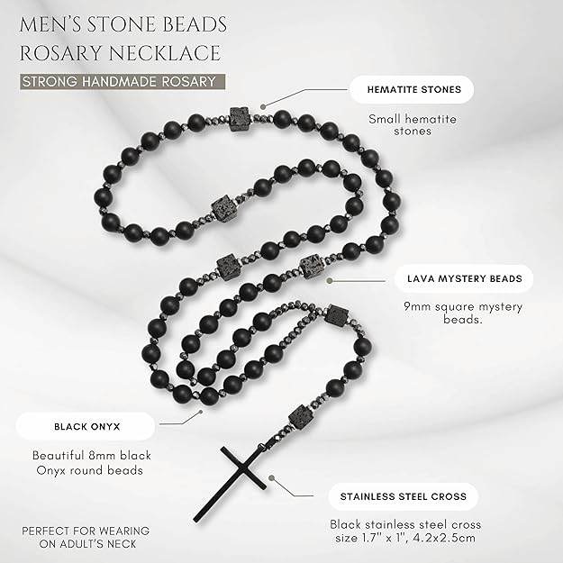 Black Tiger Eye & Lava Stone 9mm Beads Rosary Necklace with Black Alloy Cross - Nazareth Store