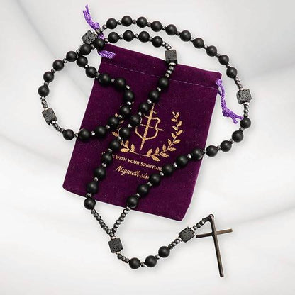 Black Tiger Eye & Lava Stone 9mm Beads Rosary Necklace with Black Alloy Cross - Nazareth Store