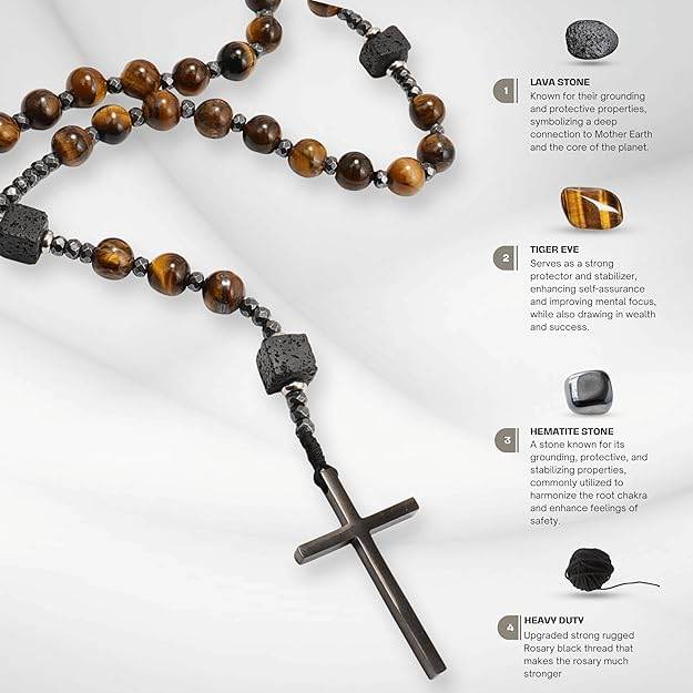 Brown Tiger Eye & Lava Stone 9mm Beads Rosary Necklace with Black Alloy Cross - Nazareth Store