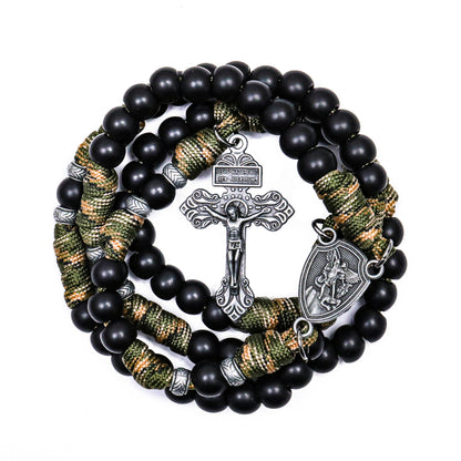 Black Beaded Green & Brown Paracord Catholic Rosary with St. Michael Medal & Pardon Crucifix