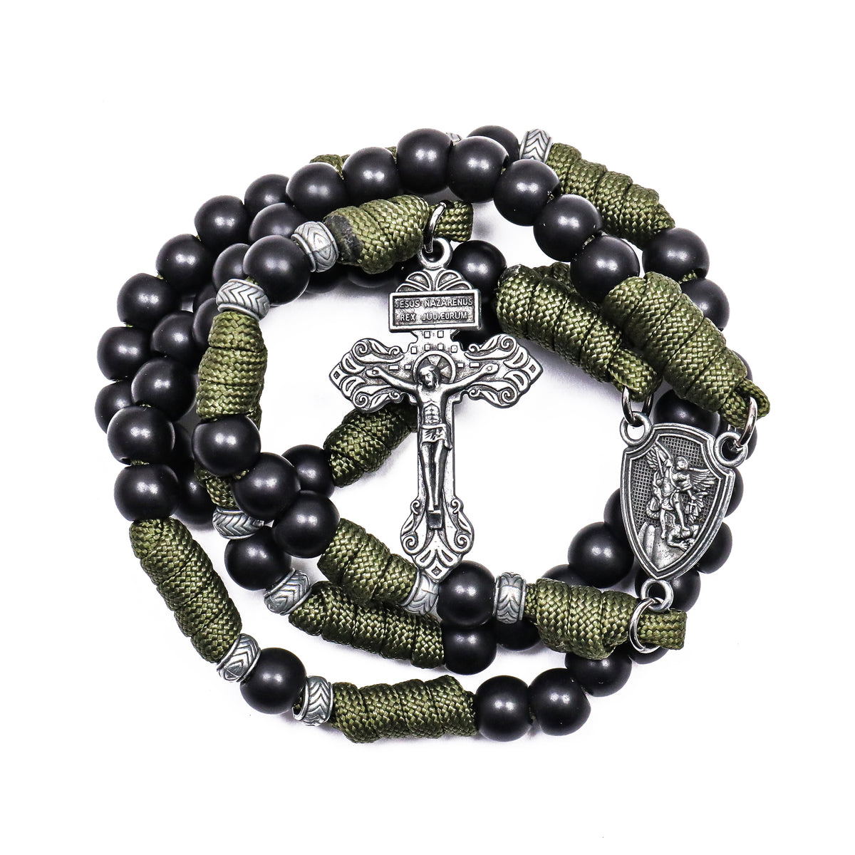 Black Beaded Olive Green Paracord Catholic Rosary Necklace with St. Michael Crucifix