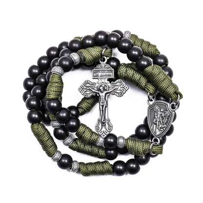 Black Beaded Olive Green Paracord Catholic Rosary Necklace with St. Michael Crucifix