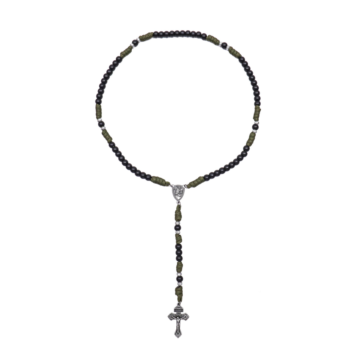 Men's Black Beaded Antique Olive Green Paracord Rosary Necklace with Silver St. Michael Medal & Pardon Crucifix