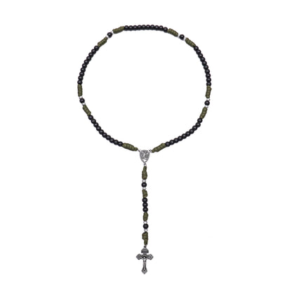 Men's Black Beaded Antique Olive Green Paracord Rosary Necklace with Silver St. Michael Medal & Pardon Crucifix