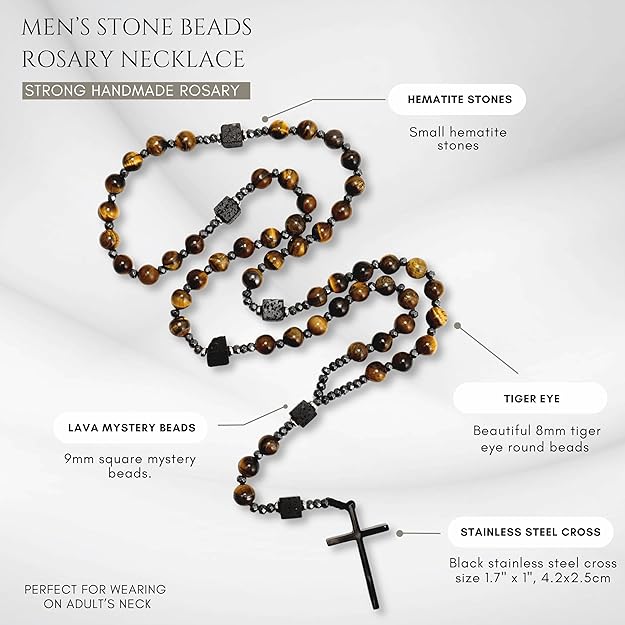 Brown Tiger Eye & Lava Stone 9mm Beads Rosary Necklace with Black Alloy Cross Nazareth Store