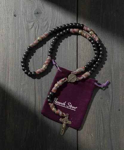 St. Michael Paracord Rosary Brown Corded Necklace with Black Beads & INRI Cross