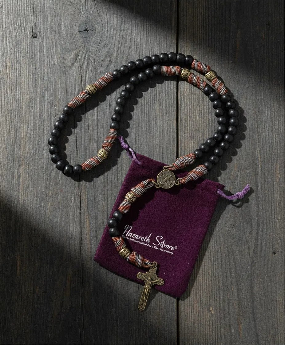 St. Michael Paracord Rosary Brown Corded Necklace with Black Beads & INRI Cross